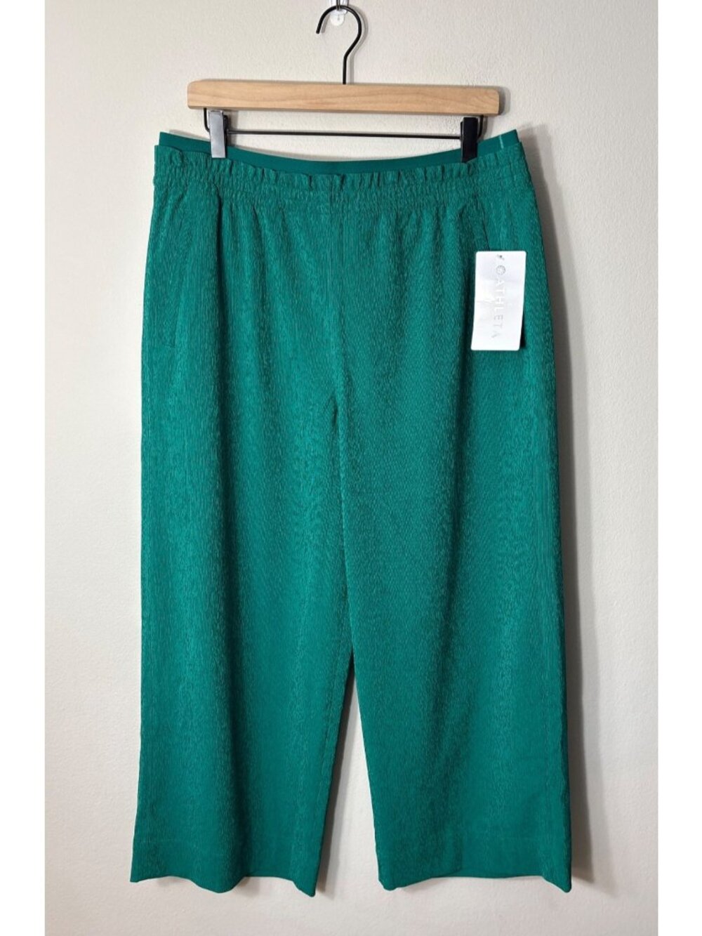 NEW Athleta Wide-Leg Echo Crop High-Rise Pants Pull-On Emerald Green Textured